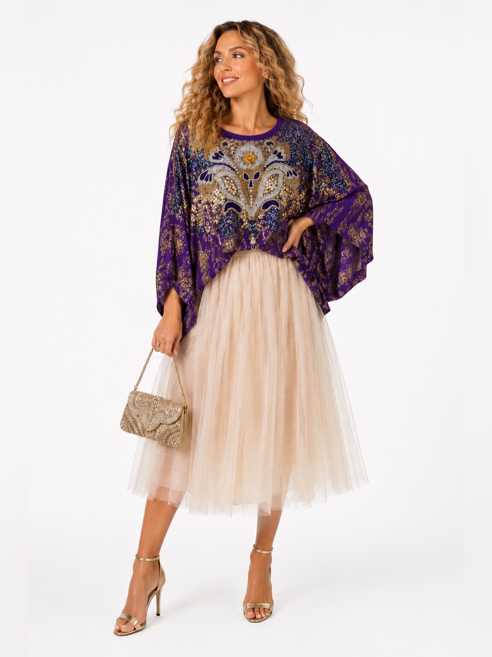 Vintage Bali Collection Embellished Beaded Sequin Top Purple Gold One Size